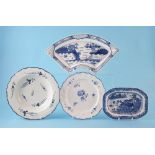 Caughley meat plate, bowl, fan shaped dish and another plate circa 1780-90 the meat plate printed