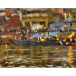 Ken Howard R.A. (1932-), "Manikarnika Ghat from the Ganges, Evening", signed, titled and dated Feb