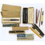 Platignum De Luxe pen/pencil set, three Parker fountain pens, Platignum ball point pen, Conway