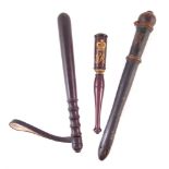 George IV Tipstaff Baton, lignum vitae with gilt and enamel details, also V.R. marked baton and