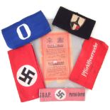 Five Third Reich German WW2 Arm Bands , including a Veterans Support band, Air Raid / Fire Brigade