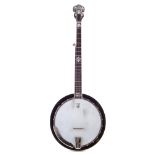 Deering John Hartford five string banjo, with 'pop on' resonator, pearl scroll work headstock and