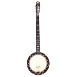 A. D. Cammeyer Patent five string banjo, engraved pearl inlaid fingerboard and headstock, with