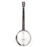 W. Temlett five string banjo , with pearl inlaid head and neck, tension bar stamped with maker