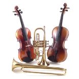 Antoni 3/4 violin with case and bow, also a cased 4/4 violin with bow, a trumpet and one other