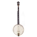 Five sting banjo, probably Luthier made, with heavy mahogany and gold plated pot, pearl inlaid