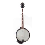 Lorenzo five string banjo , block marker fingerboard, with hard case, strap and tutor book, 97cm