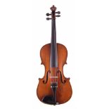 German viola labelled Ruggeri, two piece back, light brown varnish, with case and bow. Length of