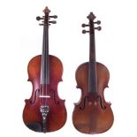 Conservatory violin, with two piece back, red brown varnish, branded on the back of the scroll,