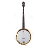 John Grey and Sons Benares four string banjo , with elaborately decorated pot and resonator,