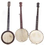 Three five string banjos, one by W. Temlett, another by Windsor, the third unmarked. The largest