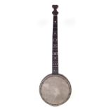 Daniels patent five sting banjo, pearl inlaid fingerboard, maker name and address to pot rim, 86cm