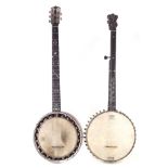 W.S. Riley fret less five string banjo, pewter inlaid fingerboard, the tension bar stamped with