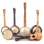 Banjurine, Banjo mandolin, three Banjoleles and a Skylark ukulele,