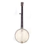 H.C. Nelson five string banjo, tension bar stamped with maker name and Chicago, 87cm long