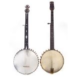 Savana five string banjo , with hard case also an unmarked and a fretless banjo with pearl inlaid