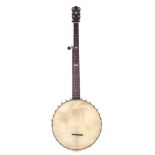 A.C Fairbanks & Co. five string banjo, the tension bar with makers name, name plate and Fairbanks