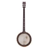 Barnes Mullins five string banjo, with burr wood and ebony resonator cut with 'F' holes, impressed