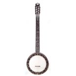 A. D. Cammeyer Patent zither banjo, engraved pearl inlaid fingerboard and headstock, floral carved