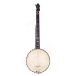George Mathews five string banjo, with pearl inlaid headstock and fingerboard, engraved pot,