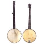 Butler London fretless banjo, together with one other fretted five string banjo, both with cases,