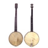 Two five string banjos, one fret less stamped Sykes Leeds, the other fretted simply stamped J.H.B.