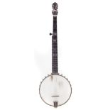 Cole's Eclipse five string banjo, with inlaid and engraved pearl moon, shooting star decoration,