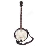 Westfield five string banjo, with hard case, spare strings strap, etc. 99cm long