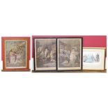 Large framed tapestry together with two large engravings after Morland and a coloured engraving