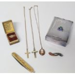 Yellow gold fruit knife, three pendants, EPNS playing card case, engine turned with enamelled