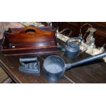 Cast iron kettle, flat iron and saucepan, two division knife box, pair of painted cockerels and pair