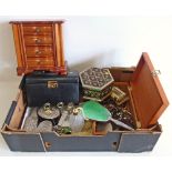 A large quantity of costume jewellery in five boxes, three embossed silver plated trinket boxes,