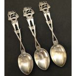 Three decorative silver tea spoons with lion crest Conditions reports are not available for our