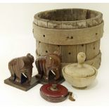 A leather cased 50' tape measure, a pair of wooden elephant book ends, Cheese drainer and butter