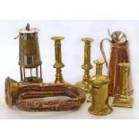 Two pairs of brass candlesticks, copper enamel lined pot, A.T.C. copper/brass bugle and Protector