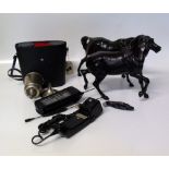 Two cast iron horses (1AF), plated goblet, pair Super Zenith binoculars and vintage Techno-phone