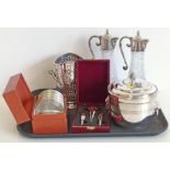 Walker and Hall syphon stand, two glass and plated wine ewers, three cased stoppers, cased set of