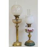 Victorian brass oil lamp with cut glass bowl on Corinthian column and Victorian oil lamp on brass