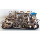 An assortment of silver plate and EPNS ware including two Elkingron & Co. toast racks, two champagne