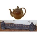 Victorian cast iron fire curb and a salt glazed large tea pot. Conditions reports are not