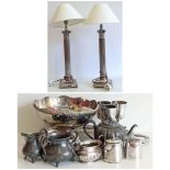 Pair of reproduction Corinthian column table lamps, plated tray, punch bowl, four goblets and