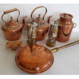 Two copper kettles, a copper gallon churn, copper bed warming pan and two miners lamps ( Protector