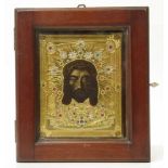 19th century mahgany cased Russian religious icon 14 x 17.5cm, hand painted depicting Christ and