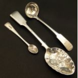 An embossed silver serving spoon London 1893, small Scottish ladle and silver mustard spoon