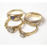 three 18ct gold rings, one sapphire and diamond set, the other two set with small diamonds, also a