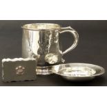 Royal wedding commemorative silver pill box 1981, together with a silver christening mug and a