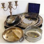 An assortment of silver plated tableware, to include salvers, a candlestick, serving dish, potato