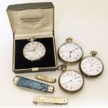 A Helvetia military pocket watch, a sterling silver T. R. Russell pocket watch together with two