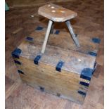 Victorian oak silver chest with metal banding and carrying handle and elm three legged stool.