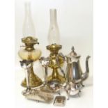 Two oil lamps, pair plated posy vases and misc. plated ware etc. Condition reports are not available